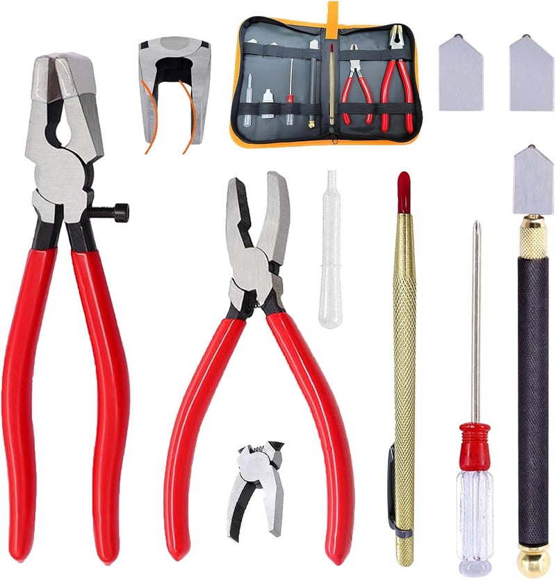 PUWANY Glass Cutters Tools Set Glass Cutting Tool kit Glass Cutter Glass Running Pliers Breaker Grozer Pliers Stained Glass Tools with Curved Jaws Zipper Package - Image 1